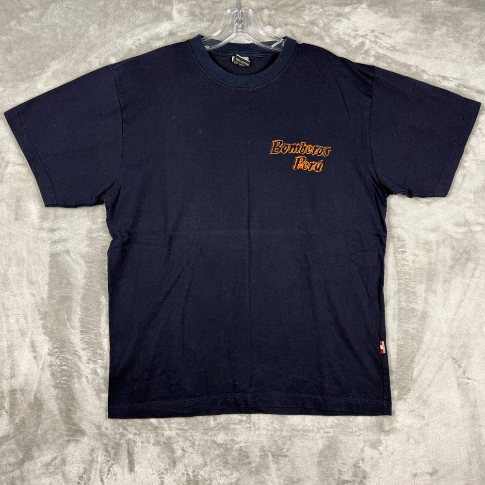 Nelly Bomberos Peru Firefighter Dragon Graphic T-Shirt Mens Large Navy Blue